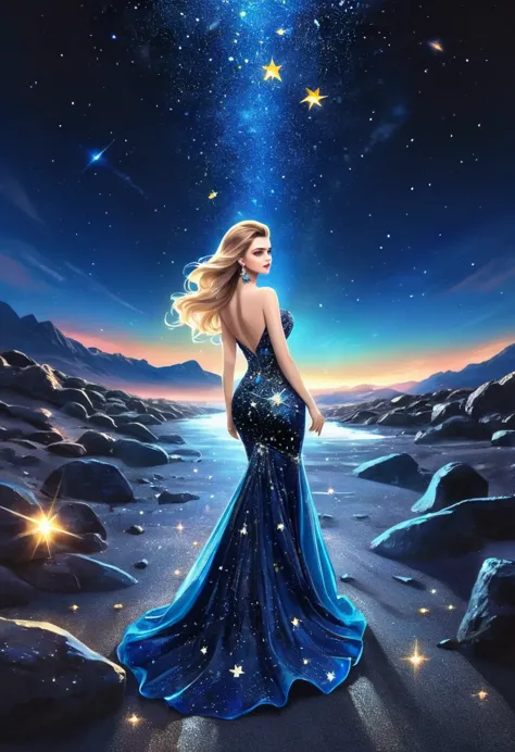 a glamour picture shot, of an elite model covered in stars, walking on a (dark catwalk: 1.2), an extraordinary glamourous elite ...