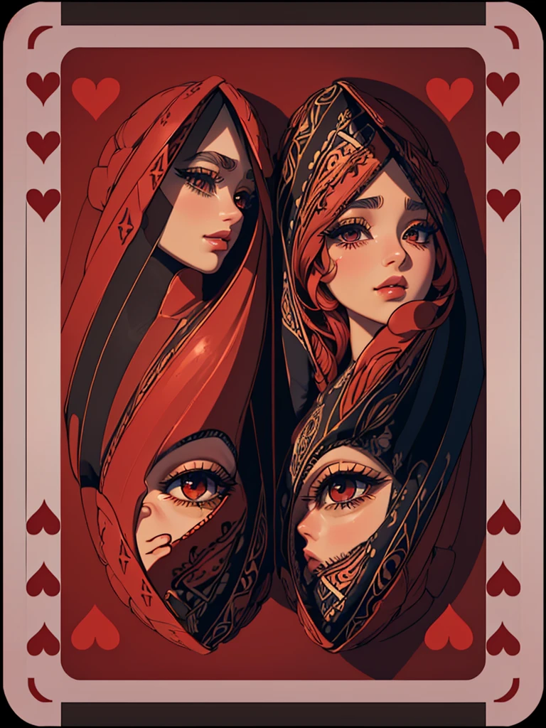 (symmetrical design card,portraite,beautiful detailed eyes,beautiful detailed lips,extremely detailed eye and face,long eyelashes,illustration,high resolution,ultra detali,realisitic:1.37,studio lighting,bright coloured,dark red,heart motifs,symmetrical patterns,atmosfera real)