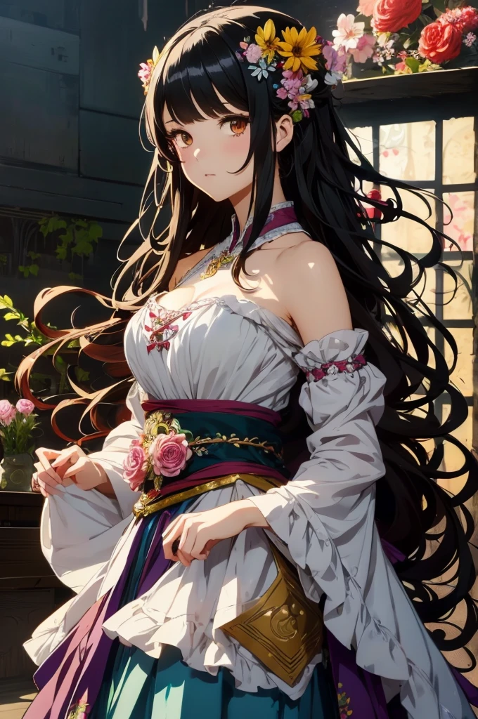 anime style girl with long hair and flowers in her hair, cute anime waifu in a beautiful dress, Cute anime girl, Detailed and cute digital art, cute anime portrait, guweiz no pixiv artstation, non-style artwork by guweiz, Guweiz na ArtStation Pixiv, detailed anime digital art, 4K anime-style