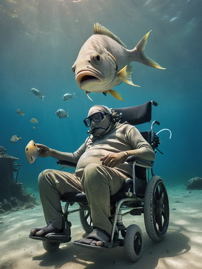 contemporary, wide angle photo, Underwater, a fish sitting in a wheelchair and a human body with a fish head, the fish is TUCUNARÉ