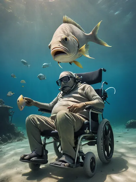 contemporary, wide angle photo, Underwater, a fish sitting in a wheelchair and a human body with a fish head, the fish is TUCUNA...