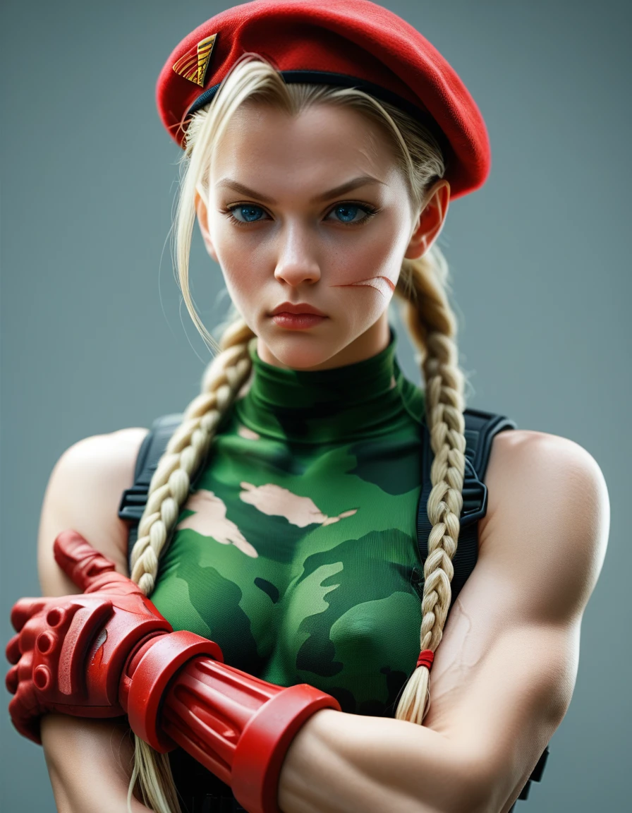 Digital illustration of a female character Cammy White with a muscular build, wearing a green, form-fitting bodysuit. She has long blonde hair styled in two braids, a red beret, and red gloves. Her facial expression is serious, with blue eyes and a determined look. The character's skin is fair, and she has green camouflage paint on her legs. The illustration is highly detailed, with a focus on the character's strong physique and intense expression. anime, anatomically correct, super detail, high quality, 4K