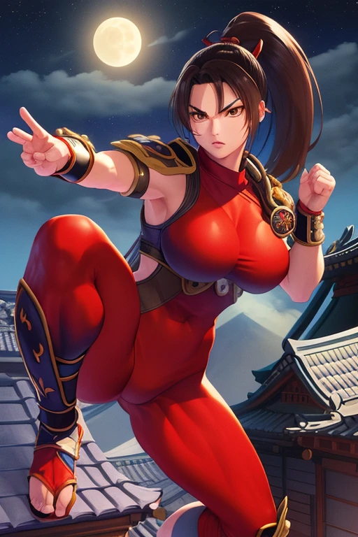 Taki, standing, upper body,,brown eyes,ponytail, brown eyes,leg up, fighting stance, shins, serious, 
rooftop, night, moon, sengoku period, 
(insanely detailed, beautiful detailed face, masterpiece, best quality)