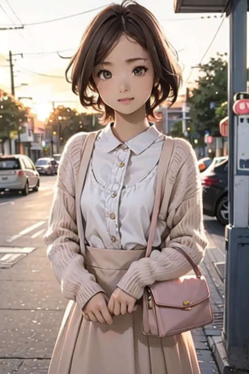 ((masterpiece, Highest quality, Very detailed)), girl, alone, Fashion Model, cute female model, Girlish style, Tulle skirt, pastel colour, Fluffy cardigan, Small handbag, Street Corner, cafe at sunset, Soft Light