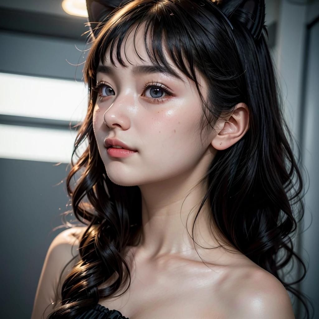 ((best qualityer)), ((work of art)), (detailded),cute japanese,((1 girl,alone)),18 years old, ((porcelain cut white skin)),((black eyes)),(black long wavy hair,with bangs),((flushed skin)),,(Alone),(best quality: 1.4), (photorealistic: 1.4), 8k Absurd, ultra detailed, cinematic lighting, Detailed Beautiful Face,semi-blurred background, loose wavy hair, dress, black cat ears, looking forward, happy smile, ((profile photo)),teeth showing.