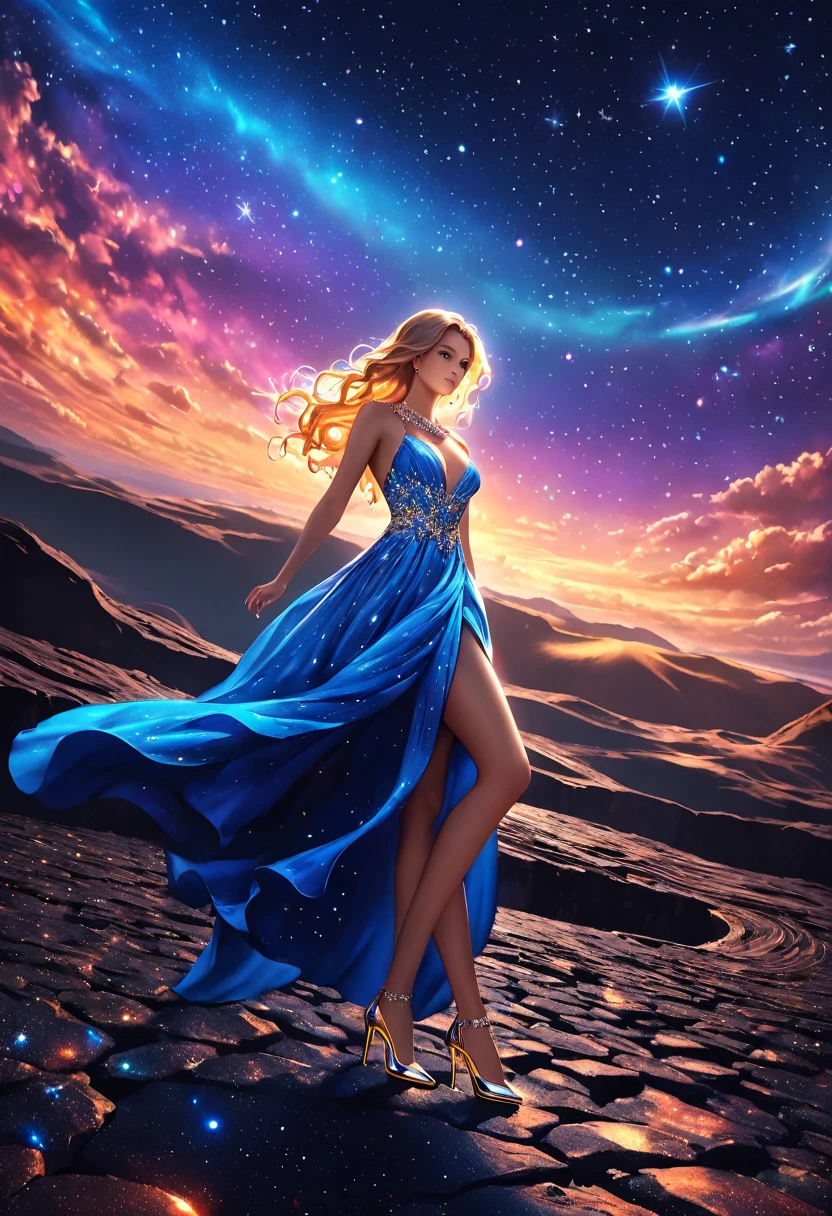 a glamour picture shot, of an elite model covered in stars, walking on a (dark catwalk: 1.2), an extraordinary glamourous elite female model, ((full body: 1.5)),  ((anatomically correct: 1.5), (ultra detailed face: 1.2), best detailed face, yrllow hair, long hair, lush hair, glam hair cut, blue eyes, delicate face, light make up, wearing intricate detailed dress, glamour dress, haute couture dress, elite fashion dress, black as night dress, decorated with bright stars, starlight,  small cleavage, wearing high heels, elegant high heels, she wears diamond necklace, she is glows in a soft starry light, she walks on (asteroid catwalk: 1.2), elite fashion show background, vibrant, Hyperrealism style, vibrant, Ultra-high resolution, High Contrast, (masterpiece:1.5), highest quality, Best aesthetics), best details, best quality, highres, ultra wide angle, 16k, [ultra detailed], masterpiece, best quality, (extremely detailed) RAW, chumbasket art style, magical sky, star