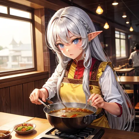 Making curry at a curry restaurant　A brown-skinned elf with long silver hair　