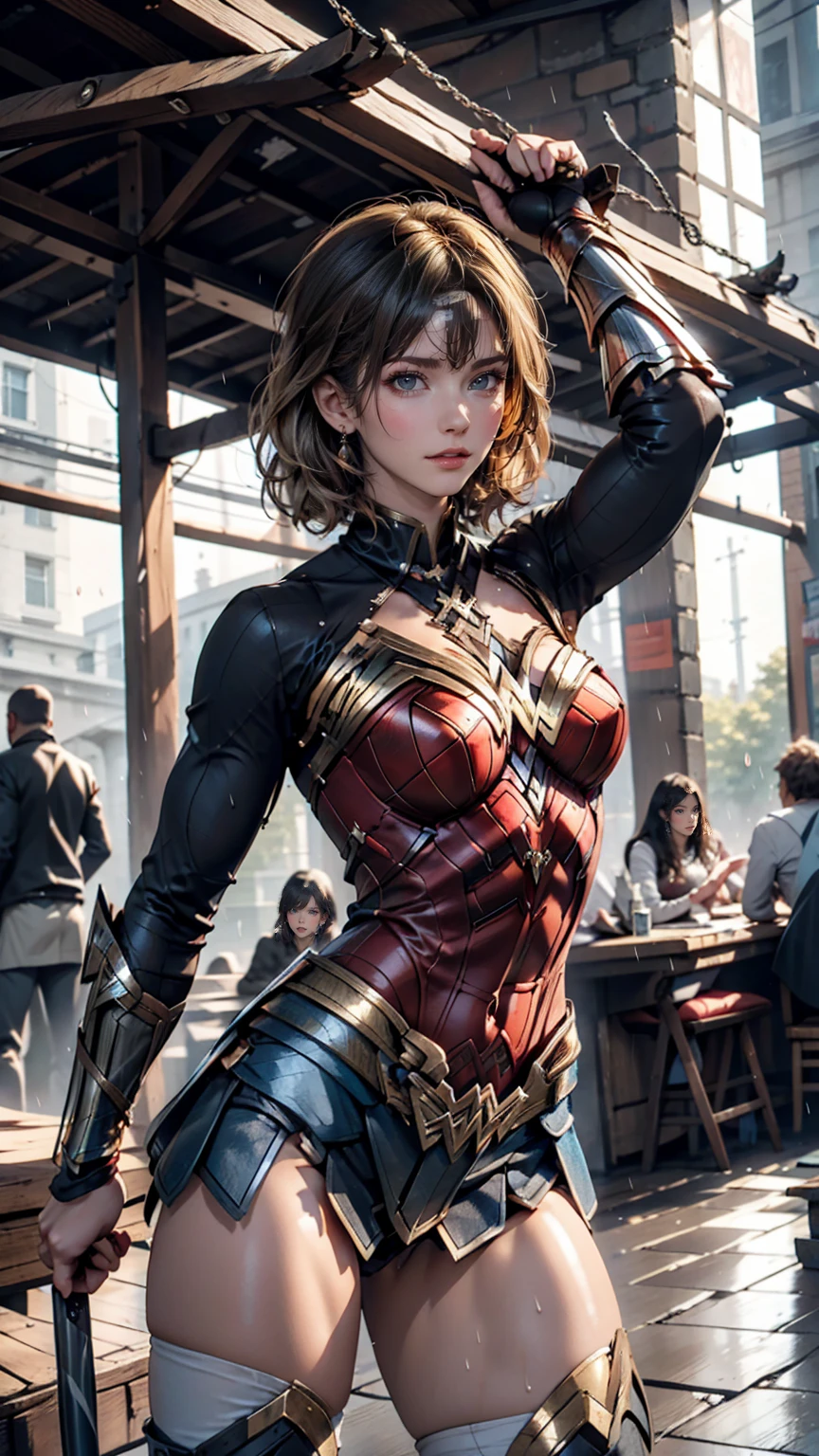 18-year-old girl, Wonder Woman Suit, Short Curly Hair, Blonde, Beautiful Face, rain, roof, masterpiece, Exquisite detail, Perfect Anatomy, Combat Stance