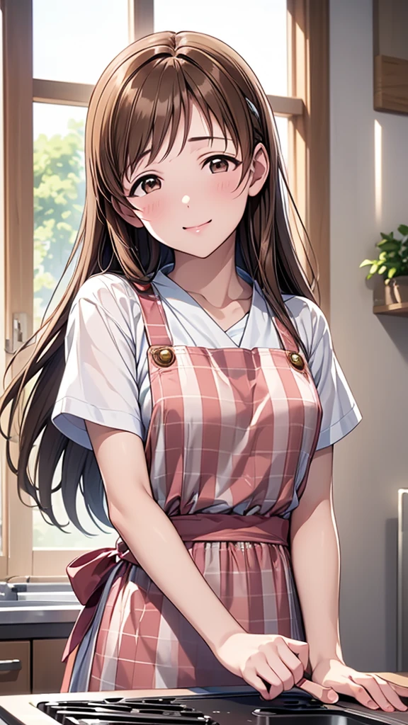 Highest quality、high resolution、High definition、HD、sports gym、(Nitta Minami、Long Hair、Medium chest、Brown Hair、Brown eyes、Glossy lips、Glowing Skin、Realistic skin texture、Checkered apron、kitchen)、Staring at me、Love me、blush、Laughing with your mouth open)、(Depiction of only the upper body、Very close to me)