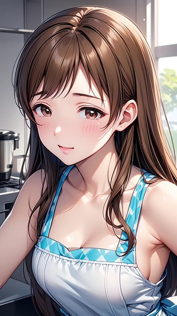 Highest quality、high resolution、High definition、HD、sports gym、(Nitta Minami、Long Hair、Medium chest、Brown Hair、Brown eyes、Glossy lips、Glowing Skin、Realistic skin texture、Checkered apron、kitchen)、Staring at me、Love me、blush、Laughing with your mouth open)、(Depiction of only the upper body、Very close to me)