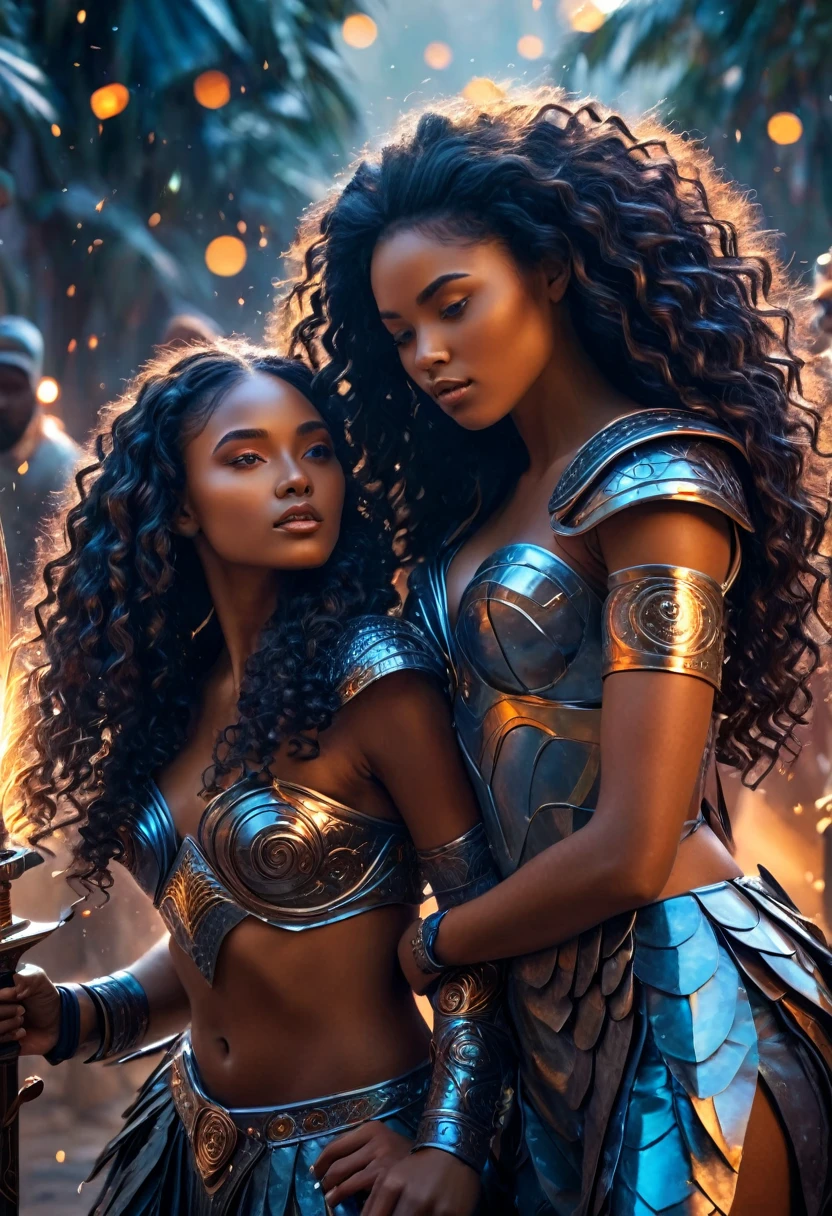 Roman dans le royaume futuriste d&#39;Afrique, dans une scène de guerre chaotique, Un homme et une femme, 16 ans, a beautiful young darkskin couple avec (((une jeune reine aux longs cheveux noirs et bouclés))) avec (((a young king avec long black hair))), fighting avec luminous swords and lances, (((Très beau))), visages parfaits, tout le corps, scène romantique, Voie romantique, couple sexy, 8k, extrêmement détaillé, (Haute qualité, Réaliste, photoRéaliste: 1.37), tout le corps, proportions idéales et teint défini, des fonctionnalités méticuleusement conçues, beauté inaccessible, la perfection, artistic chef-d&#39;œuvres, réalisme éclatant, sculptures hyper détaillées, formes réalistes, vraiment impressionnant, un savoir-faire impeccable, pur éclat, beauté éthérée, contours délicats, poses frappantes, beauté sublime, nuances subtiles, compositions dynamiques, couleurs vives, éclairage parfait, expressions émouvantes, Aura céleste, présence majestueuse, ambiance onirique, Rendu d&#39;octane détaillé inégalé, tendance sur artstation, Photographie artistique 8k, photoRéaliste concept art, lumière parfaite cinématographique volumétrique naturelle et douce, clair-obscur, photographie primée, chef-d&#39;œuvre, huile sur toile, beau, détaillé, complexe, incroyablement
