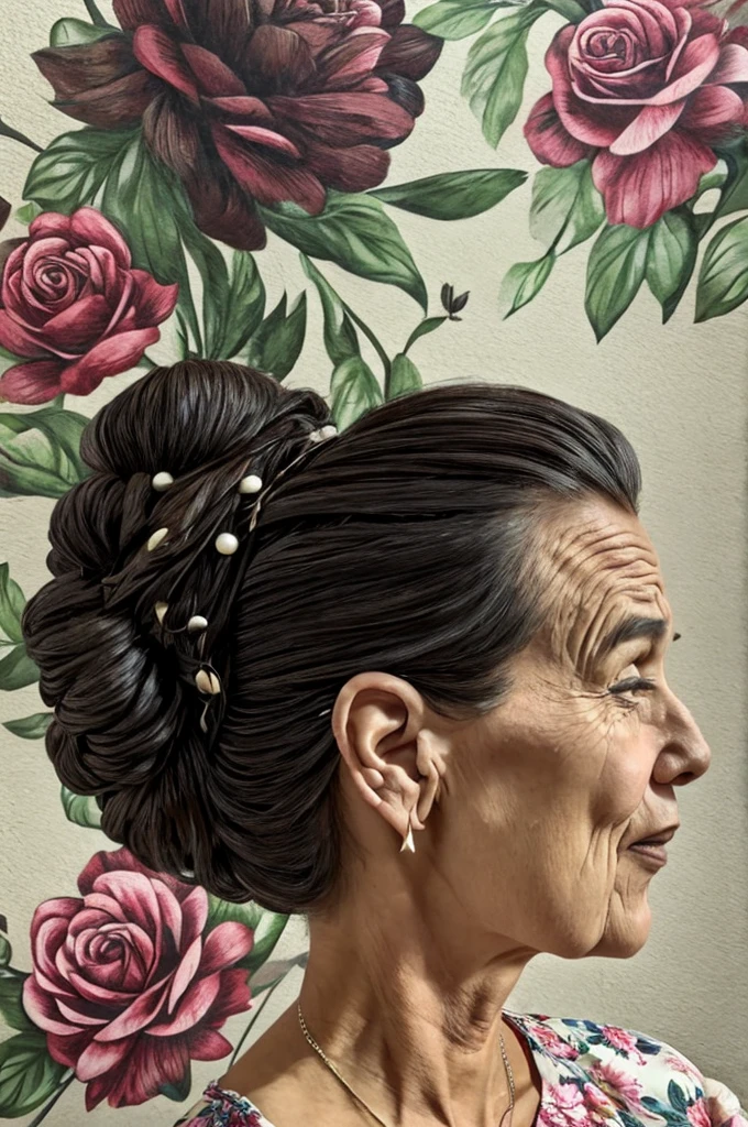 A realistic, whimsical grumpy woman with wrinkles, hair in a messy bun, wearing a tightly closed floral dress,  