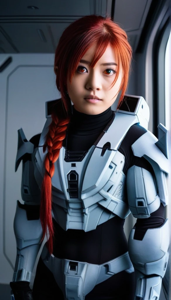 1 Girl、((glowing eyes, red eyes)), Medium Bust、solo、red Hair、Braid、Mobile Race Suit、Shoulder Armor、ceiling、Wide Shot、Looking Ahead、zipup suit 、Closed Mouth、Highest quality、medium quality、22 years old、Mobile Trace System、cockpit、Asian、CyborgCosplay
