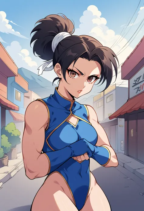 score_9, score_8_superior, score_7_superior, break, score_9, one girl, chunli (\street fighter)\, black hair, brown eyes, makesu...