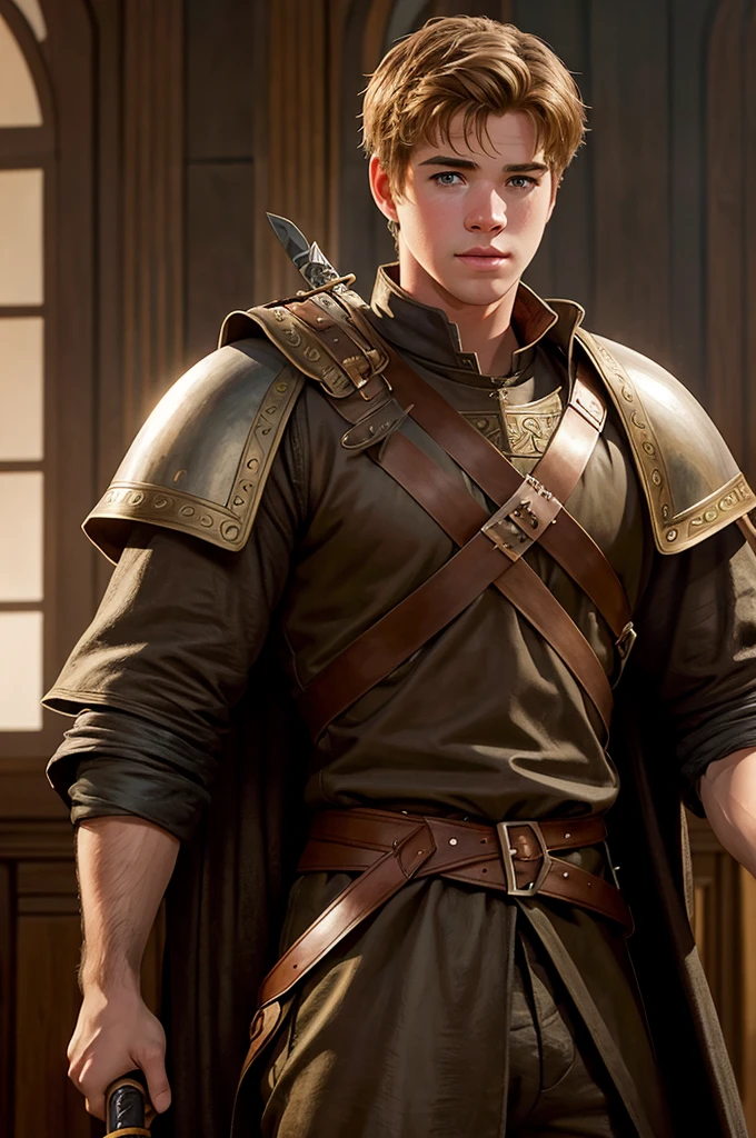 Illustration in Leyendecker style : young liam hemsworth in game of thrones as a knight with a long sword.