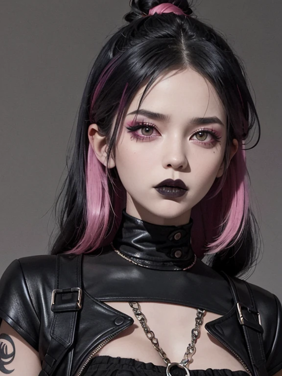 Ein rebellisches Punk-Mädchen mit einer auffälligen Frisur mit schwarzen Lippen und schwarzen Haaren mit rosa Strähnen. Das Bild fängt ihren kantigen Look in einer stimmungsvollen Inneneinrichtung ein. Ihr dunkles und lebendiges Aussehen bildet einen schönen Kontrast zum gedämpften Hintergrund, zeigt ihren einzigartigen Stil und ihre Persönlichkeit. Das hochauflösende Bild zeigt gekonnt jedes kleinste Detail ihres auffälligen Make-ups und ihrer farbenfrohen Haare, Ihre Präsenz sticht durch ihre ausgeprägte Individualität hervor.