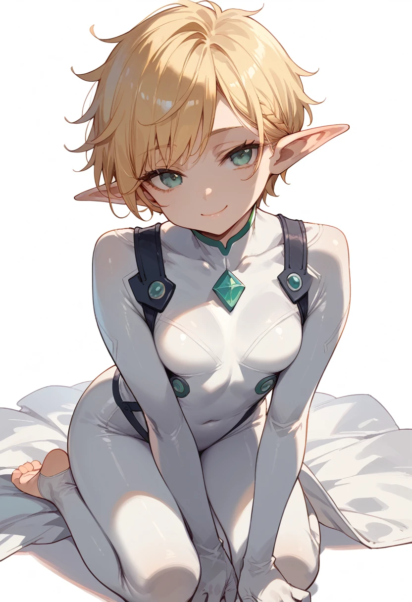 (score_9,score_8_up,score_7_up),1girl,solo,white body suit, blonde, elf, pixie hair, very short hair, looking at viewer, warm smile, tired smile, bare foot, feet focus, two feet, kneeling, view from behind, simple background, white background