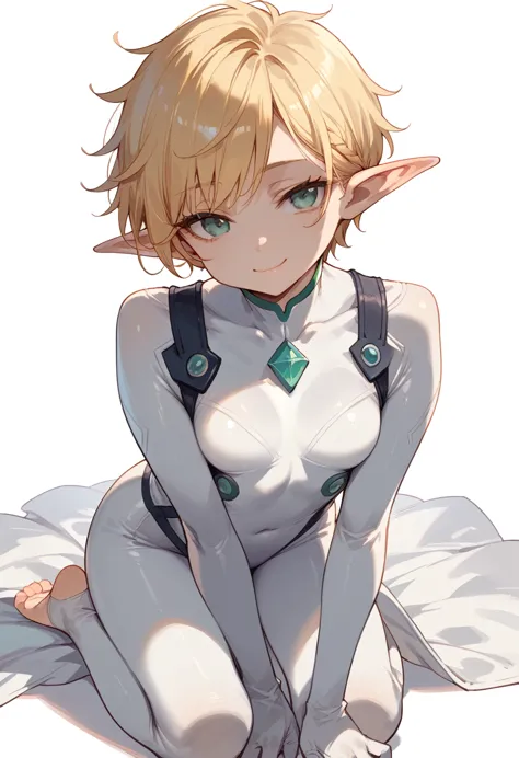 (score_9,score_8_up,score_7_up),1girl,solo,white body suit, blonde, elf, pixie hair, very short hair, looking at viewer, warm sm...