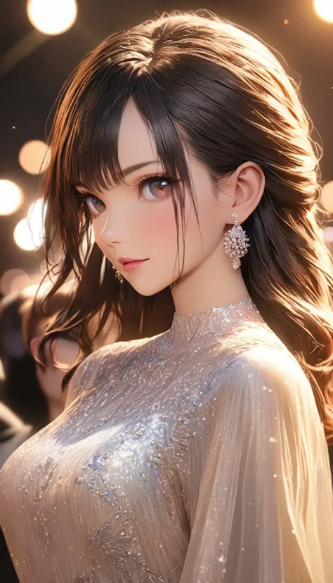 anime:1.5, ((A beautiful woman, female model and stylish modern clothes, full length portrait catwalk, camera flash, elegance, g...