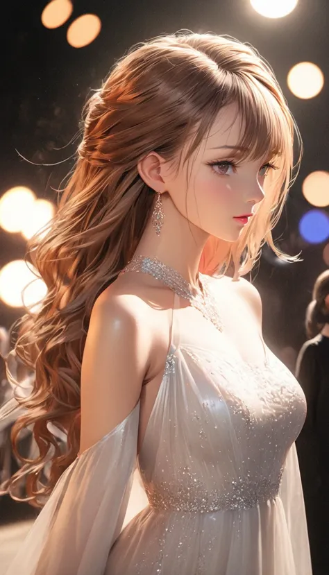 anime:1.5, ((a beautiful woman, female model and stylish modern clothes, full length portrait catwalk, camera flash, elegance, g...