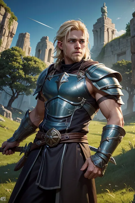 a dnd character, oath of the ancients paladin with blonde hair who slightly looks like charlie hunnam. he has a scar that goes f...