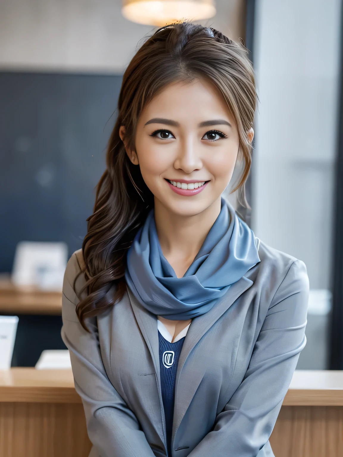 Highest quality,  High resolution, realism, Original photo, 8k wallpaper, Perfect perfection, Professional Lighting, Very detailed, beautiful woman with depth of field)), Photo from directly in front、A photo showing the crotch to the head、((A 30-year-old neat and tidy female teacher)), ((A neat receptionist)), ((Smiling face looking at the audience)), Detailed face, Beautiful Eyes, Beautiful medium sized breasts、Wide ass、Good style, (Sexy look), A very light brown hair bun stuck to her head, (Thick lips), Grey Chanel suit-like uniform、((Wearing a blue scarf))、