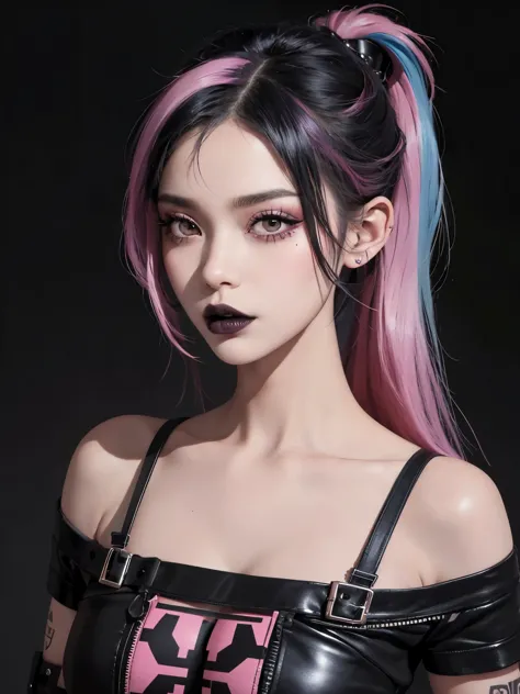 a rebellious punk girl with a striking hairstyle featuring black lips and black hair with pink streaks. the image captures her e...