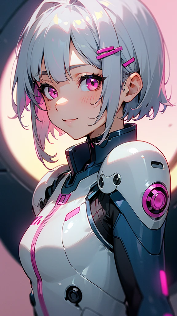 1 girl、8k、Sharp focus、(Bokeh) (Highest quality) (Detailed skin:1.3) (Intricate details) (anime)、Short silver bob hair held together with a hair clip, Pink Eyes、White and blue pilot suit、smile、From the side、Upper body close-up