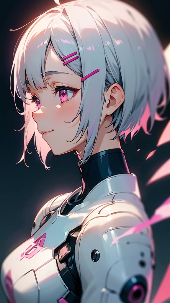 1 girl、8k、Sharp focus、(Bokeh) (Highest quality) (Detailed skin:1.3) (Intricate details) (anime)、Short silver bob hair held together with a hair clip, Pink Eyes、White and blue pilot suit、smile、profile、Upper body close-up