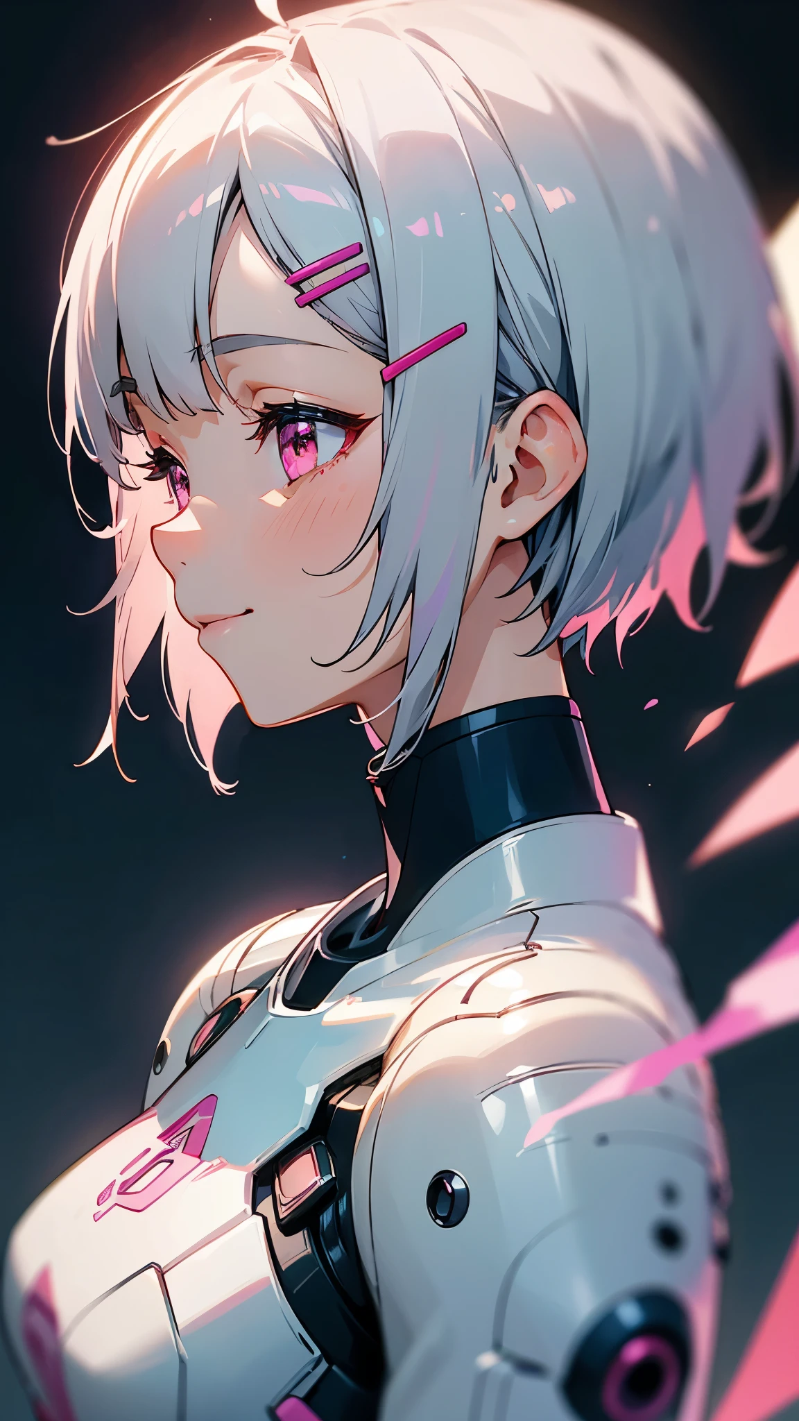 1 girl、8k、Sharp focus、(Bokeh) (Highest quality) (Detailed skin:1.3) (Intricate details) (anime)、Short silver bob hair held together with a hair clip, Pink Eyes、White and blue pilot suit、smile、profile、Upper body close-up