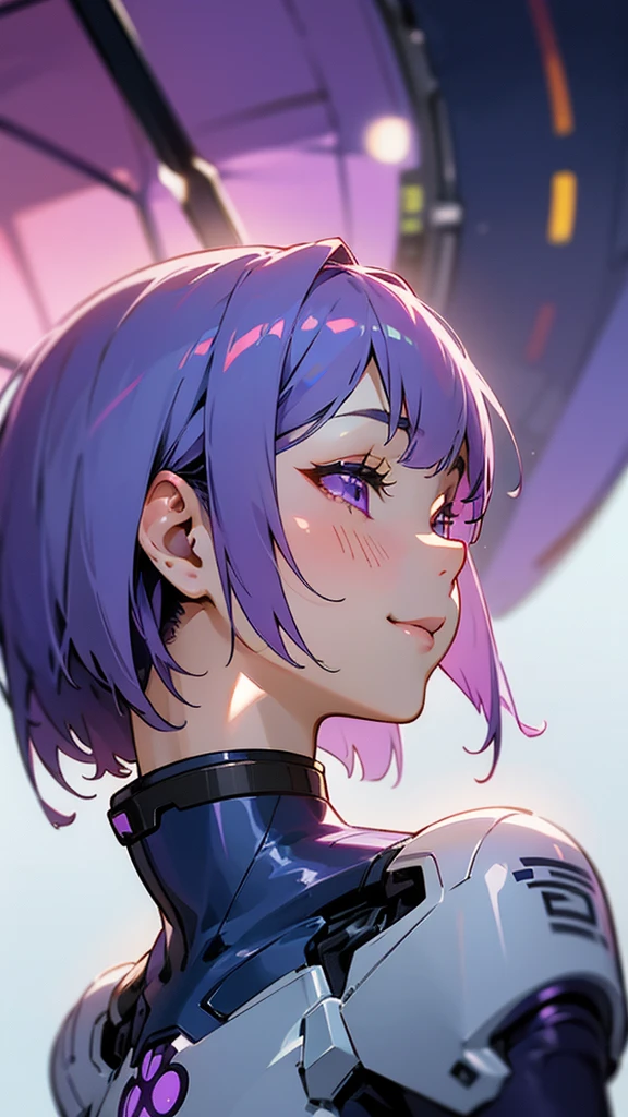 1 girl、8k、Sharp focus、(Bokeh) (Highest quality) (Detailed skin:1.3) (Intricate details) (anime)、Purple short bob hair, Violet Eyes、White and blue pilot suit、smile、profile、Upper body close-up