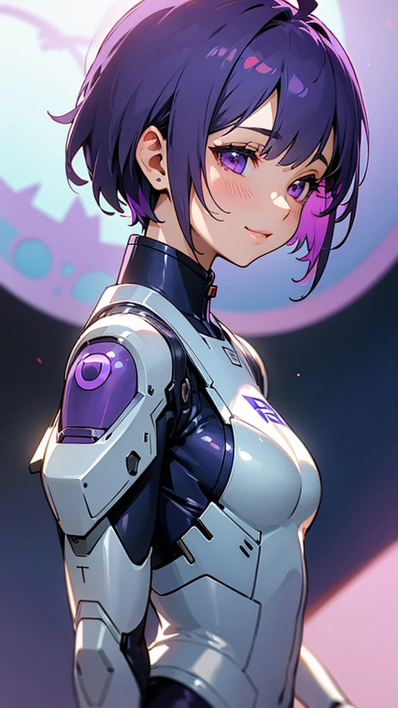 1 girl、8k、Sharp focus、(Bokeh) (Highest quality) (Detailed skin:1.3) (Intricate details) (anime)、Purple short bob hair, Violet Eyes、White and blue pilot suit、smile、profile、Upper body close-up