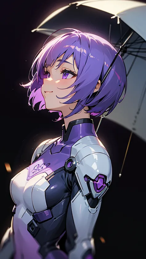 1 girl、8k、sharp focus、(bokeh) (highest quality) (detailed skin:1.3) (intricate details) (anime)、purple short bob hair, violet ey...