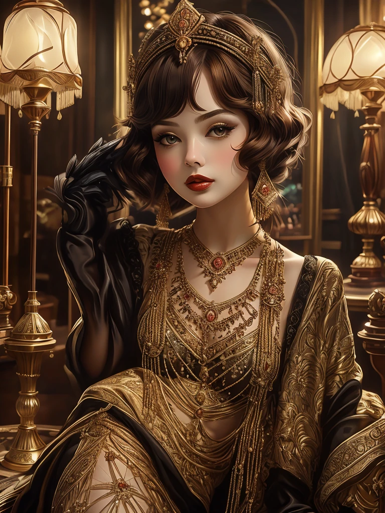 (​masterpiece, Best quality:1.2),extremely beautiful, realisti,xcharleston-Stil, 1 girl, alone, Brown hair, gloves, gown, Hold, brown eyes, jewellery, black gloves, elbow gloves, necklace, Fishnet stockings, Hand fan, realisti, Folding fans