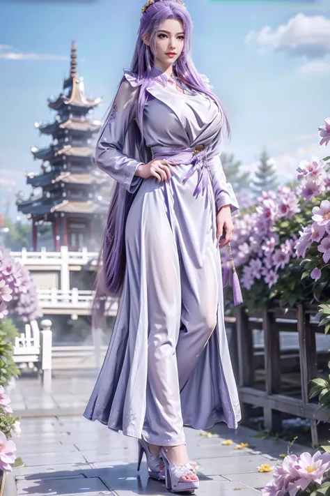 chinese purple cheongsam，long legs，two meters tall，large breasts，full-body shot，wearing purple high heels。standing next to a 1.8...