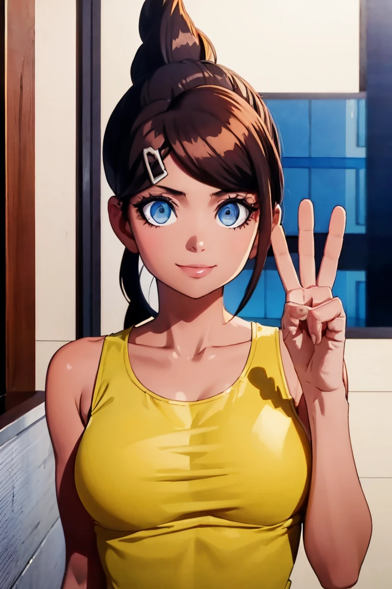 Aoi Asahi, white tanktop, dark brown hair, mid long hair, blue eyes, young adult, 30 years old, beautiful face, light smile, city backround, peace sign, looking at viewer, pale skin