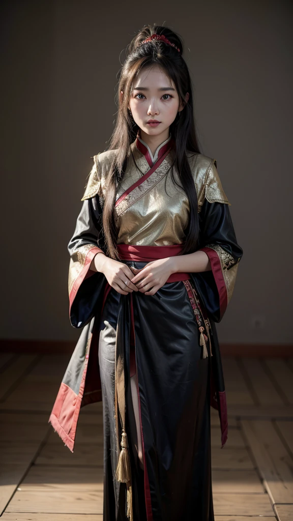 Young Chinese Asian girl, straight black threads, Mulan, princess mulan, with Chinese military costumes, beautiful chinese woman, fully body, princess mulan realista, war suits, fully body, high détails 