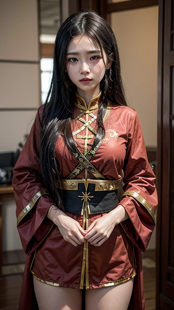 Young Chinese Asian girl, straight black threads, Mulan, princess mulan, with Chinese military costumes, beautiful chinese woman, fully body, princess mulan realista, war suits, fully body, high détails 