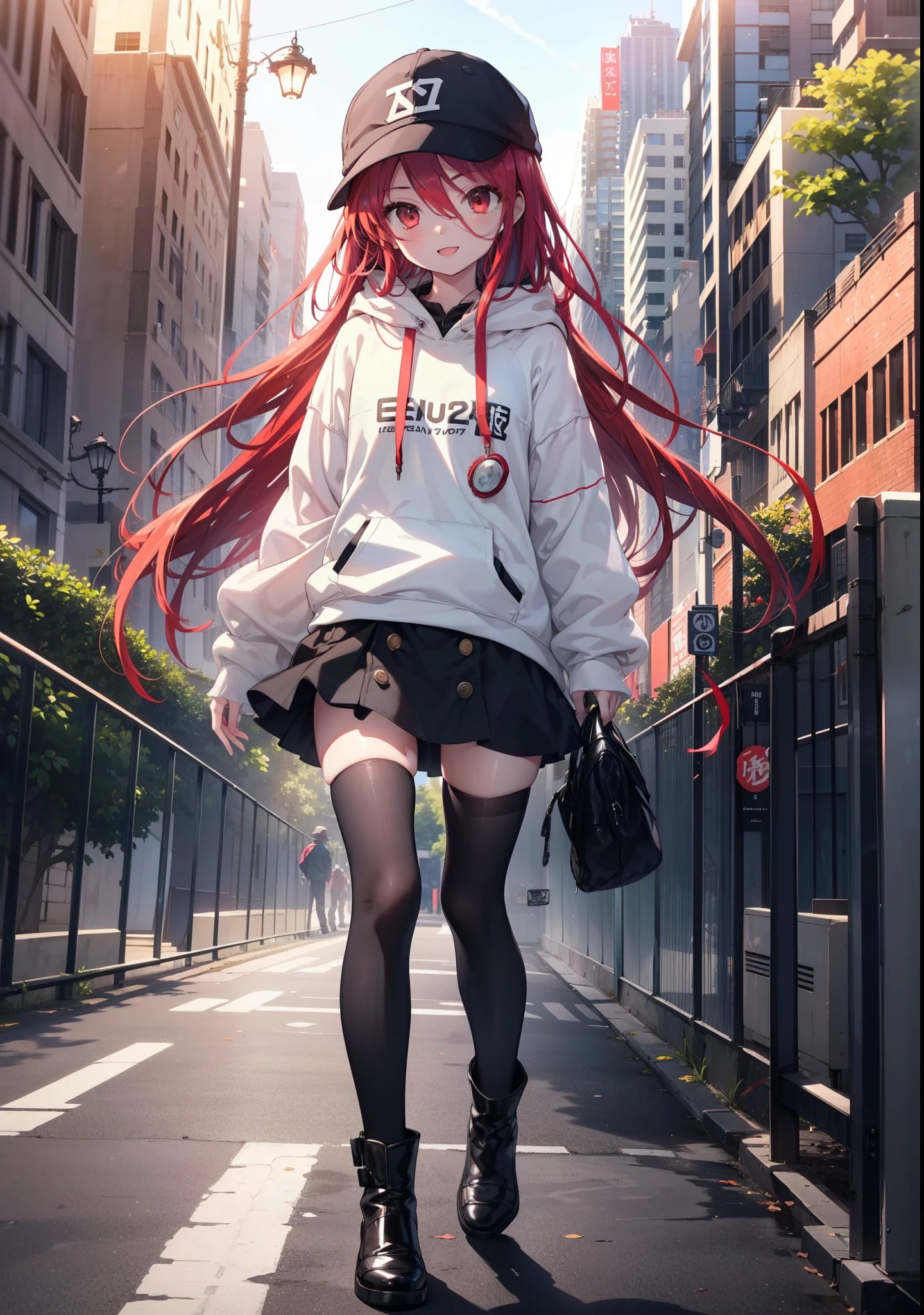 Shana,Shakugan pas Shana,cheveux longs, Roux, les yeux rouges,happy sourire, sourire, Ouvrez la bouche,Sweat à capuche rouge oversize,Casquettes de baseball,mini jupe,collants noirs,bottes courtes,marche,matin陽,matin,Le soleil se lève,tout le corpsがイラストに入るように, 　　　　　　　casser outdoors, Quartier du bâtiment, 　　　　　　　　　　　casser looking at viewer, tout le corps, 　　　　　　　　casser (chef-d&#39;œuvre:1.2), la plus haute qualité, haute résolution, unité 8k fond d&#39;écran, (forme:0.8), (Belle attention aux détails:1.6), Visage très détaillé, éclairage parfait, CG très détaillé, (des mains parfaites, Anatomie parfaite),