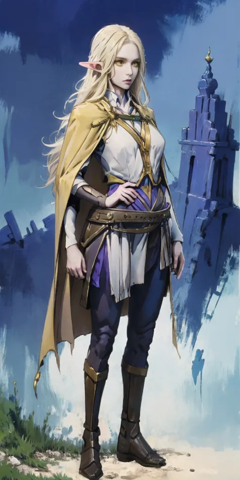 masterpiece, best quality, high quality, elf, long hair, pale hair, yellow eyes, purple skin, deep blue cape with golden ornamen...