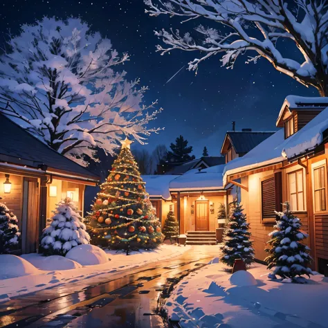 
create a Christmas image from the 70s, snow covering the ground and snow falling from the sky, a large pine tree decorated with colorful lights and Christmas decorations, on a street with houses