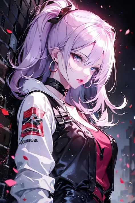 hair above one eye, red eyes, clear eyes, choker, neon shirt, torn legwear, open jacket, against the wall, brick wall, graffiti,...