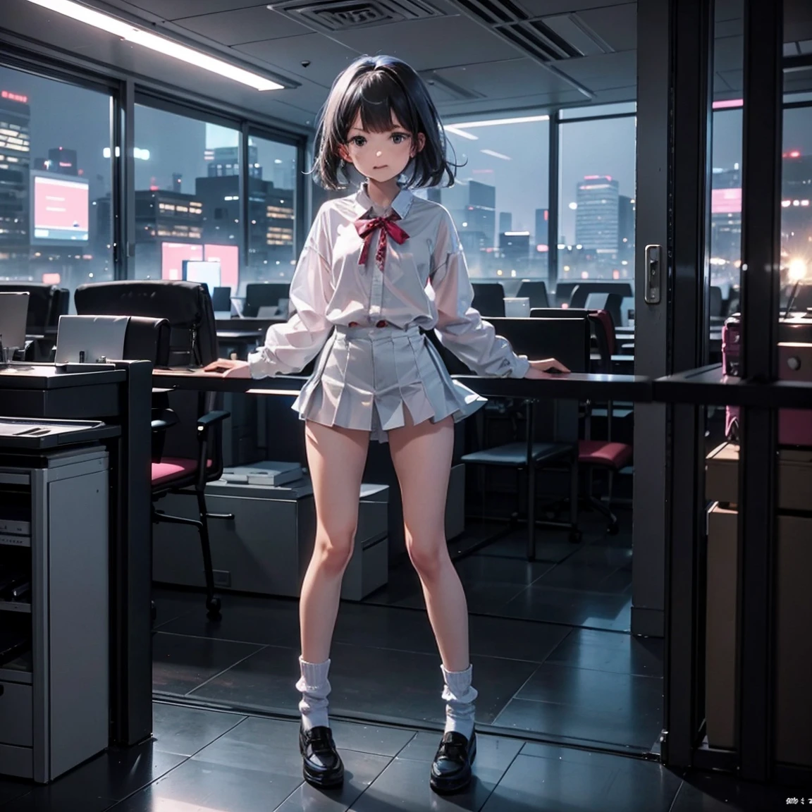 One Woman（10 years old）、Glaring Face、length, Blue Hair、Thin glasses、White clothes、See-through shirt、ribbon、Short pleated skirt、Pink underwear、loose socks、Inside a skyscraper office at night、Spread your legs、thin and toned legs、Hands tied and restrained