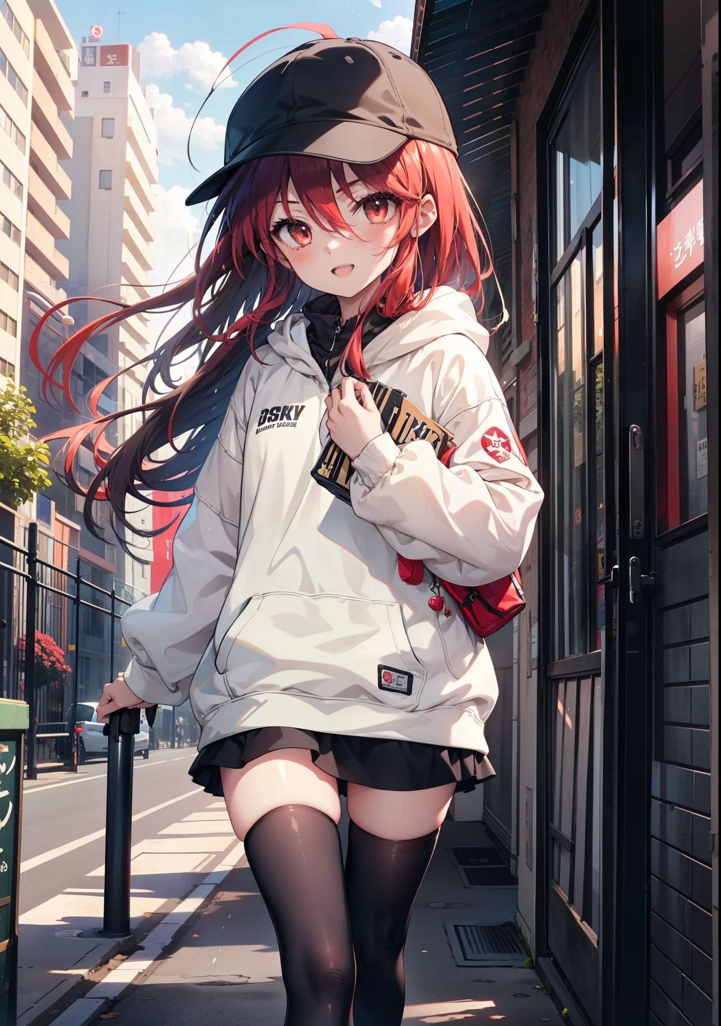 Shana,灼眼のShana,Long Hair, Redhead, Red eyes,happy smile, smile, Open your mouth,Oversized red hoodie,Baseball hats,mini skirt,black tights,short boots,Walking,morning陽,morning,The sun is rising,whole bodyがイラストに入るように, 　　　　　　　break outdoors, Building district, 　　　　　　　　　　　break looking at viewer, whole body, 　　　　　　　　break (masterpiece:1.2), Highest quality, High resolution, unity 8k wallpaper, (shape:0.8), (Beautiful attention to detail:1.6), Highly detailed face, Perfect lighting, Highly detailed CG, (Perfect hands, Perfect Anatomy),