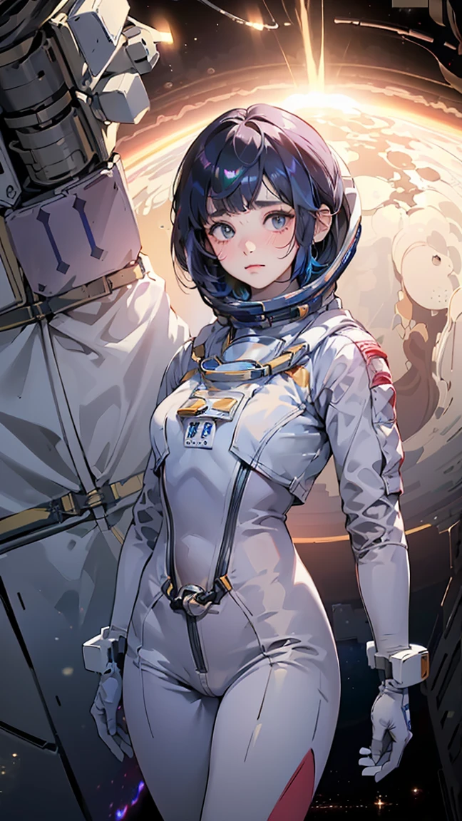 (Ultra-futuristic design spacesuit)、Create ultra-detailed and futuristic images of beauty astronauts,(Innovative design of the spacesuit) 、(((((A spacesuit with a body line)))))、26 year old、(((A slender)))、Earth Eye、((((((Photorealsitic)))))、high-level image quality、Raw photo、8k、((((Iridescent inner hair)))、((((((Work in space))))))、A futuristic space city is in the background、red blush、Shy、seductived faced、Slender figure