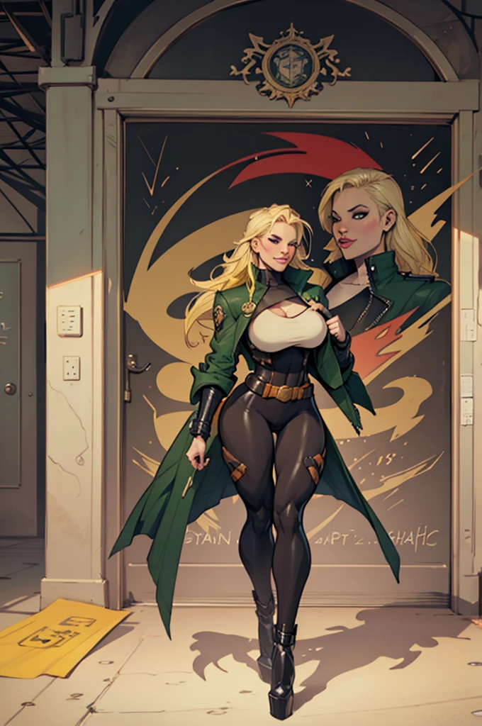 there is a woman in a green coat (curvaceous, massive breasts: 1.5, long blonde hair, exposed breasts) standing inside of a bar flashing, a character portrait by Gabriel Ba, trending on Artstation, digital art, Charlie Bowater character art, Charlie Bowater rich deep colors, Jen Bartel, qiyana, Charlie Bowater art style, style of Charlie Bowater, background artwork, black canary, full art illustration