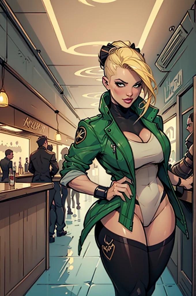 there is a woman in a green coat (curvaceous, massive breasts: 1.5, long blonde hair, exposed breasts) standing inside of a bar flashing her breasts, a character portrait by Gabriel Ba, trending on Artstation, digital art, Charlie Bowater character art, Charlie Bowater rich deep colors, Jen Bartel, qiyana, Charlie Bowater art style, style of Charlie Bowater, background artwork, black canary, full art illustration