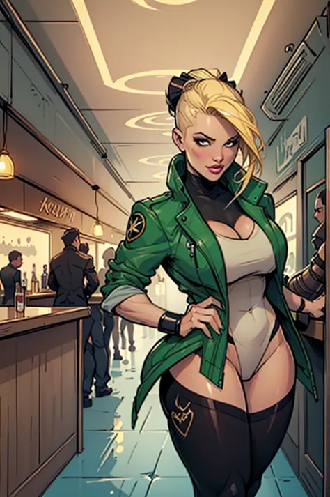 there is a woman in a green coat (curvaceous, massive breasts: 1.5, long blonde hair, exposed breasts) standing inside of a bar ...