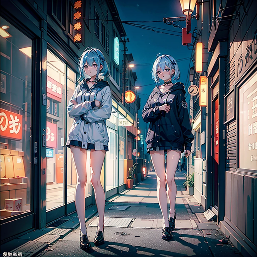 Light blue hair woman standing in night city、A look of shame、shame、naked、Shame pose、Neon Street、（Messy light）、（Best Highlights）、（Best Shadows）、（highestdetailed）、（Highest image quality 8K）、（masutepiece）