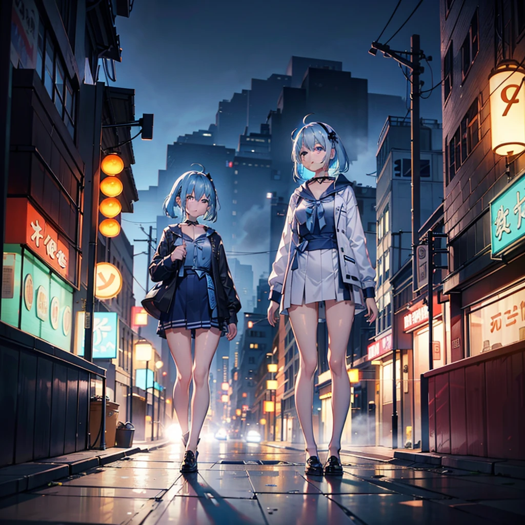 Light blue hair woman standing in night city、A look of shame、shame、naked、Shame pose、Neon Street、（Messy light）、（Best Highlights）、（Best Shadows）、（highestdetailed）、（Highest image quality 8K）、（masutepiece）